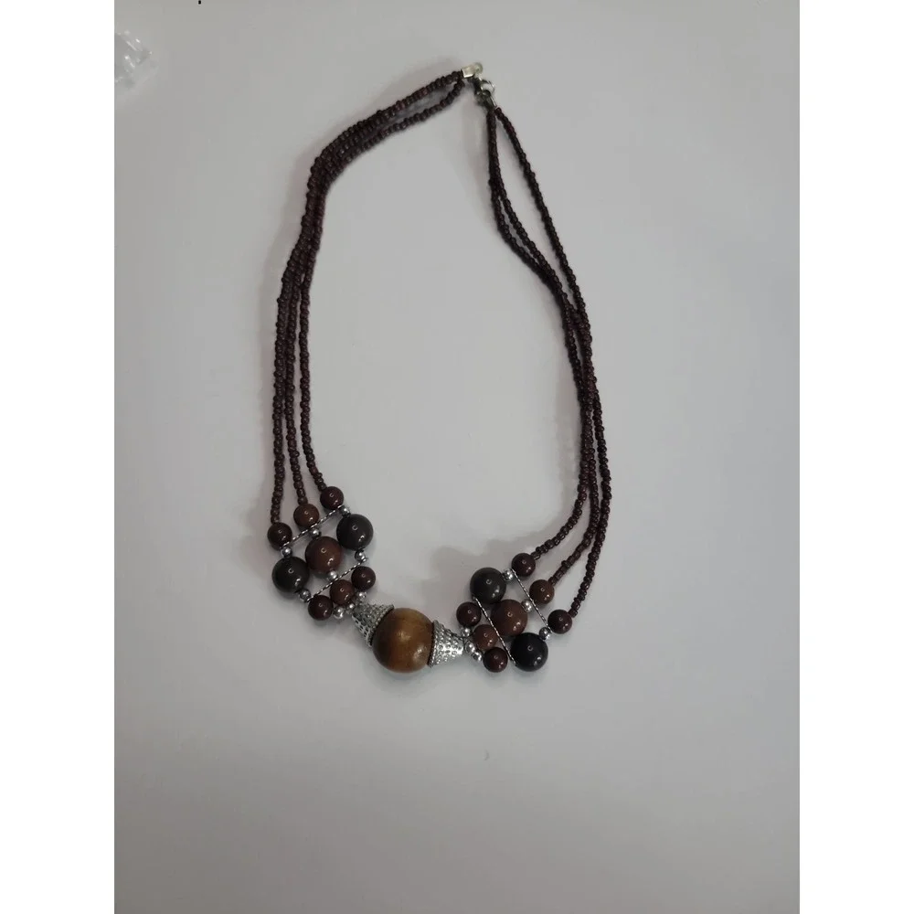 Brown Multi Strand Beaded Necklace Silver Tone Boho Statement Tribal Style